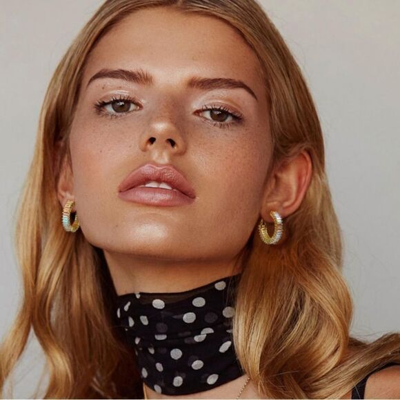 14K Yellow Gold with Iridescent AB Cubic Zirconia Drop Hoop Leverback Earrings - Picture 7 of 7